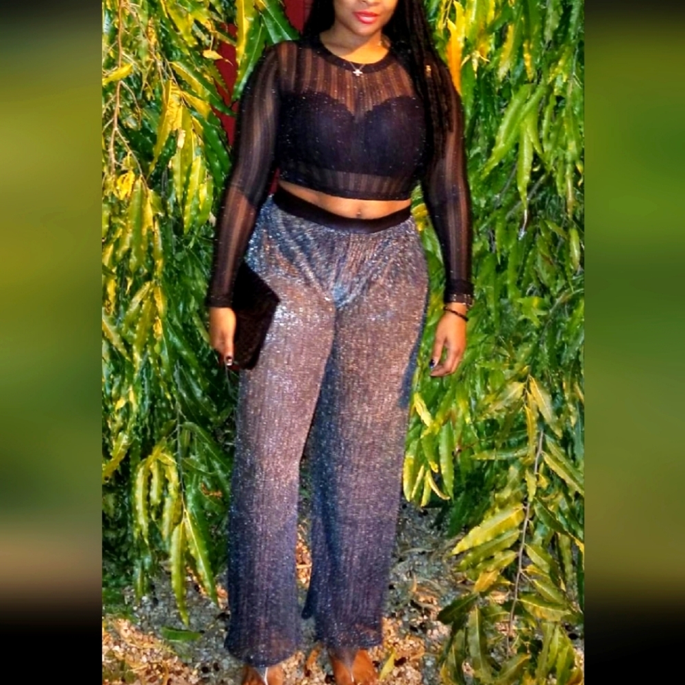 Black and silver shimmer sheer wide leg pants with shorts inside